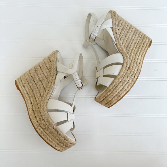 Saint Laurent Tribute T-Strap Espadrille Platform Wedge Sandals White Leather - Picture 2 of 10